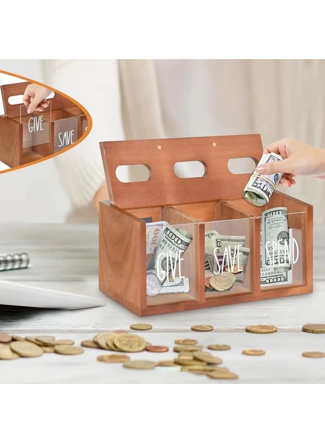 Black Wooden Money Saving Box With Magnetic Lid 3 Compartments For Give Save Spend Office Decor - Image 1
